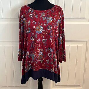 Ruby Rd. Women’s 1X Floral Print Top with Navy Trim - Boho Style